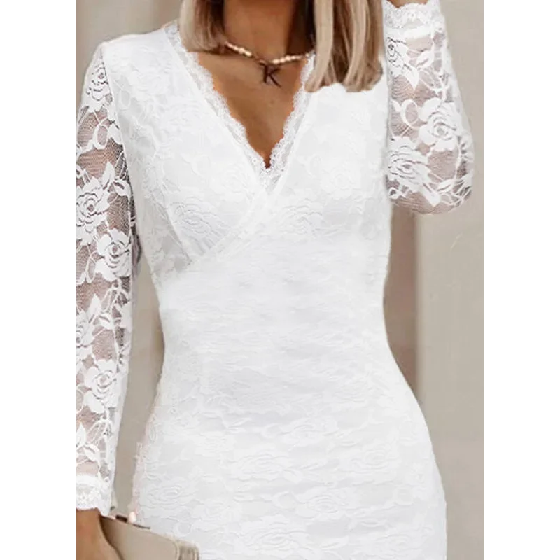 Women's Monochromatic Lace Long Sleeve Midi Dress, V Neck, Slim Fit,